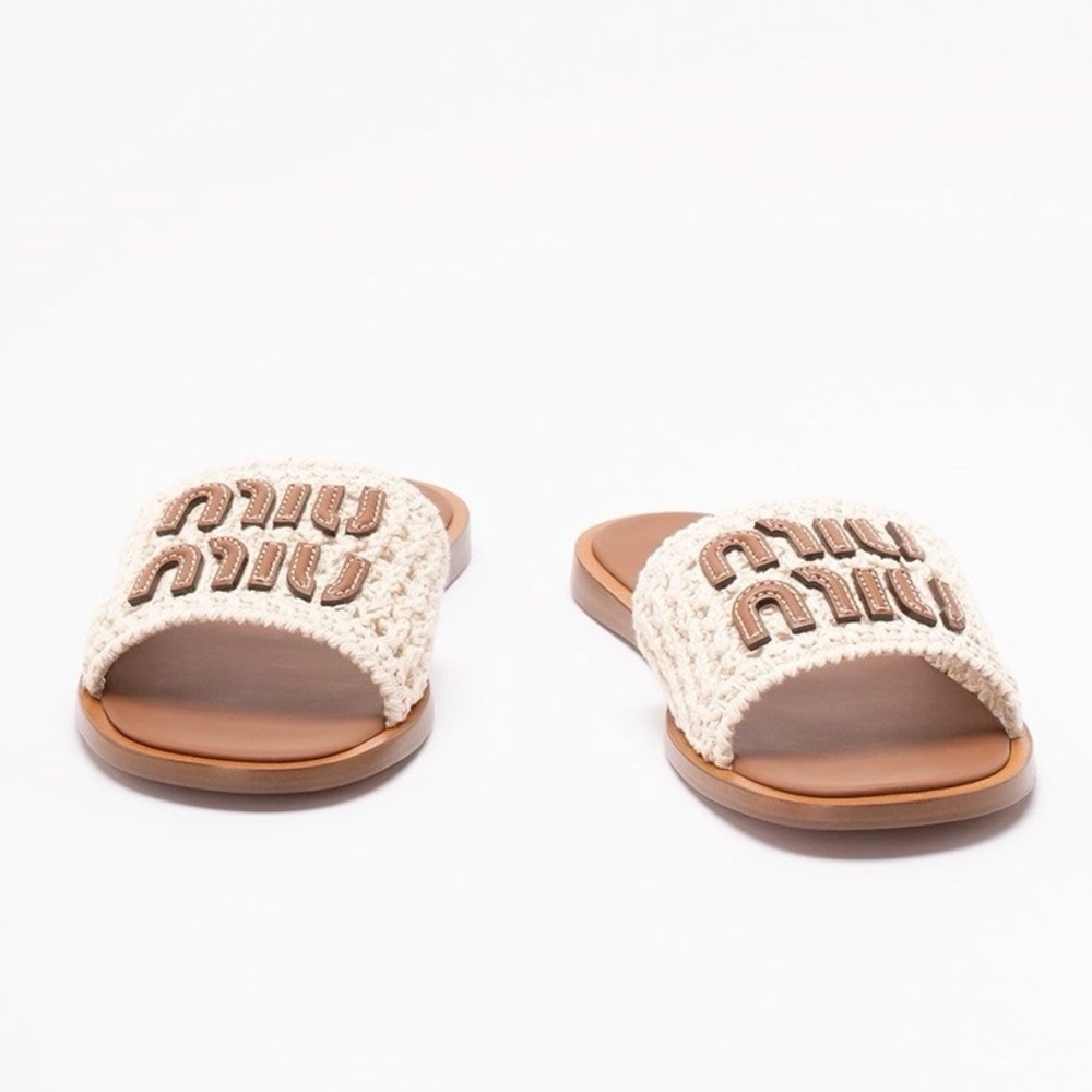 MIU MIU logo crochet and leather slides sandals - Picture 3 of 5